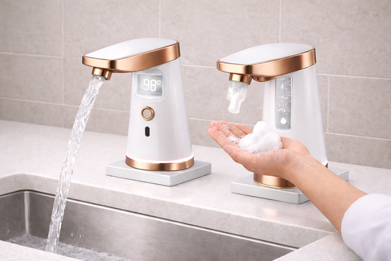 Touchless soap dispenser faucets installed in healthcare facility handwashing station